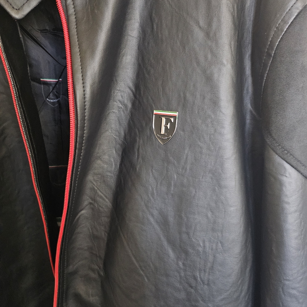 Ferrari Black Leather Bomber Jacket with Red Accents